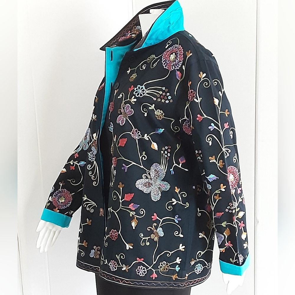 QUACKER FACTORY Embroidered Beaded Butterfly Floral Jacket Sz M - Vtg 90's - Picture 3 of 10